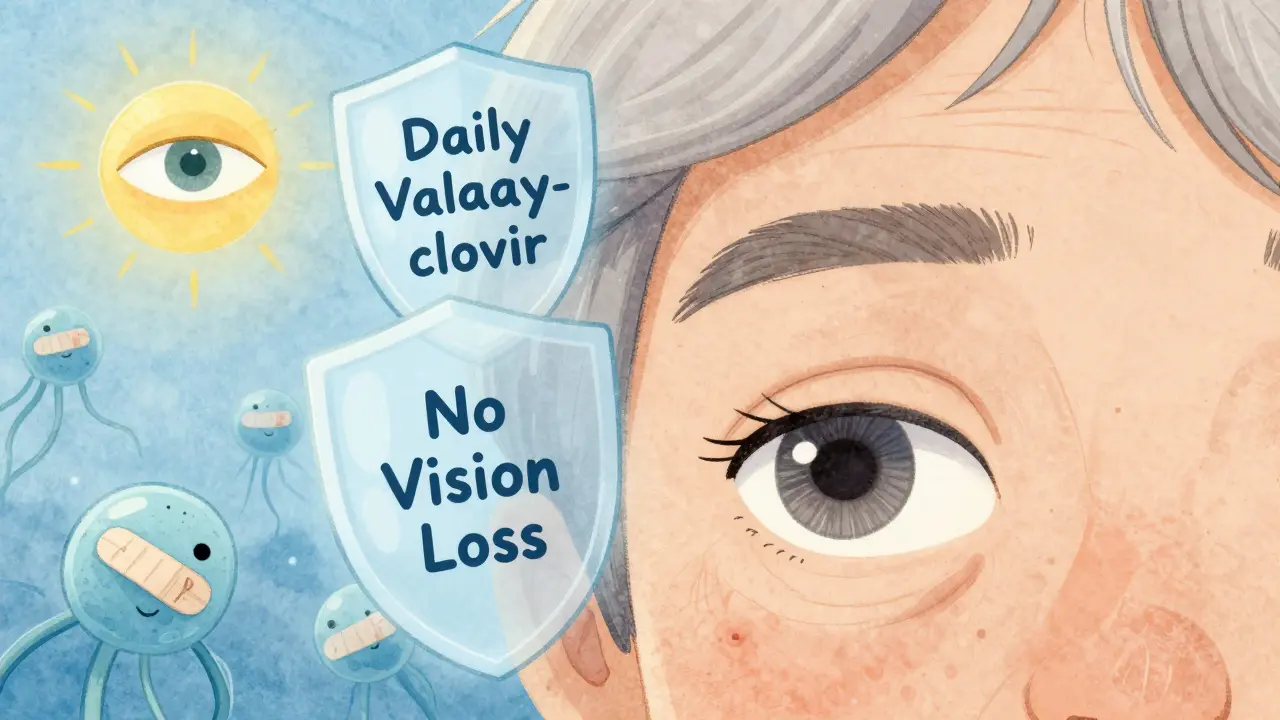 An elderly person's eye has a rash near the lid, protected by floating shields and smiling nerve cells in a calm scene.
