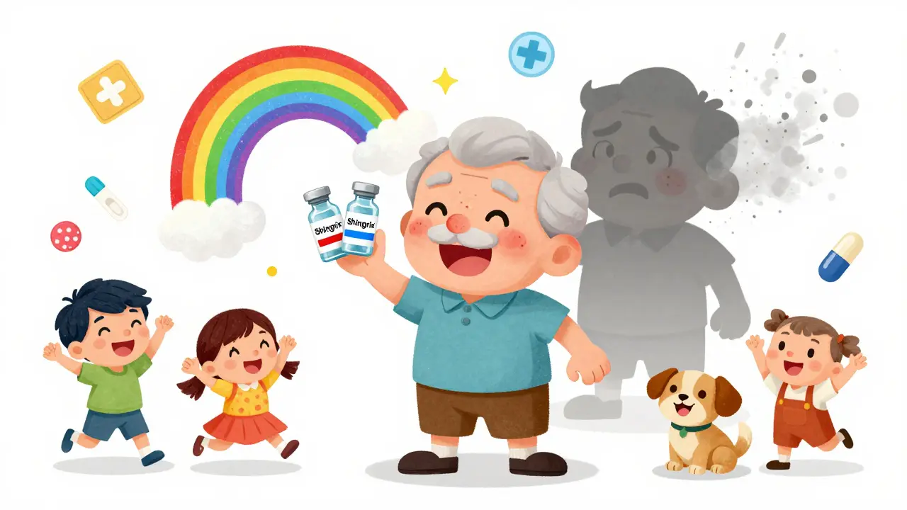 An older adult holds two Shingrix vaccines as a rainbow bursts out, while a shadowy sick version fades away happily.
