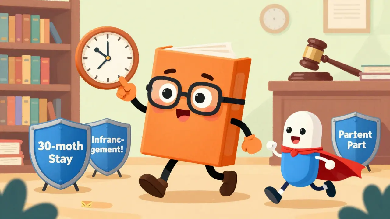 An orange book with legs guides a superhero pill past patent shields and a clock labeled 30-Month Stay.