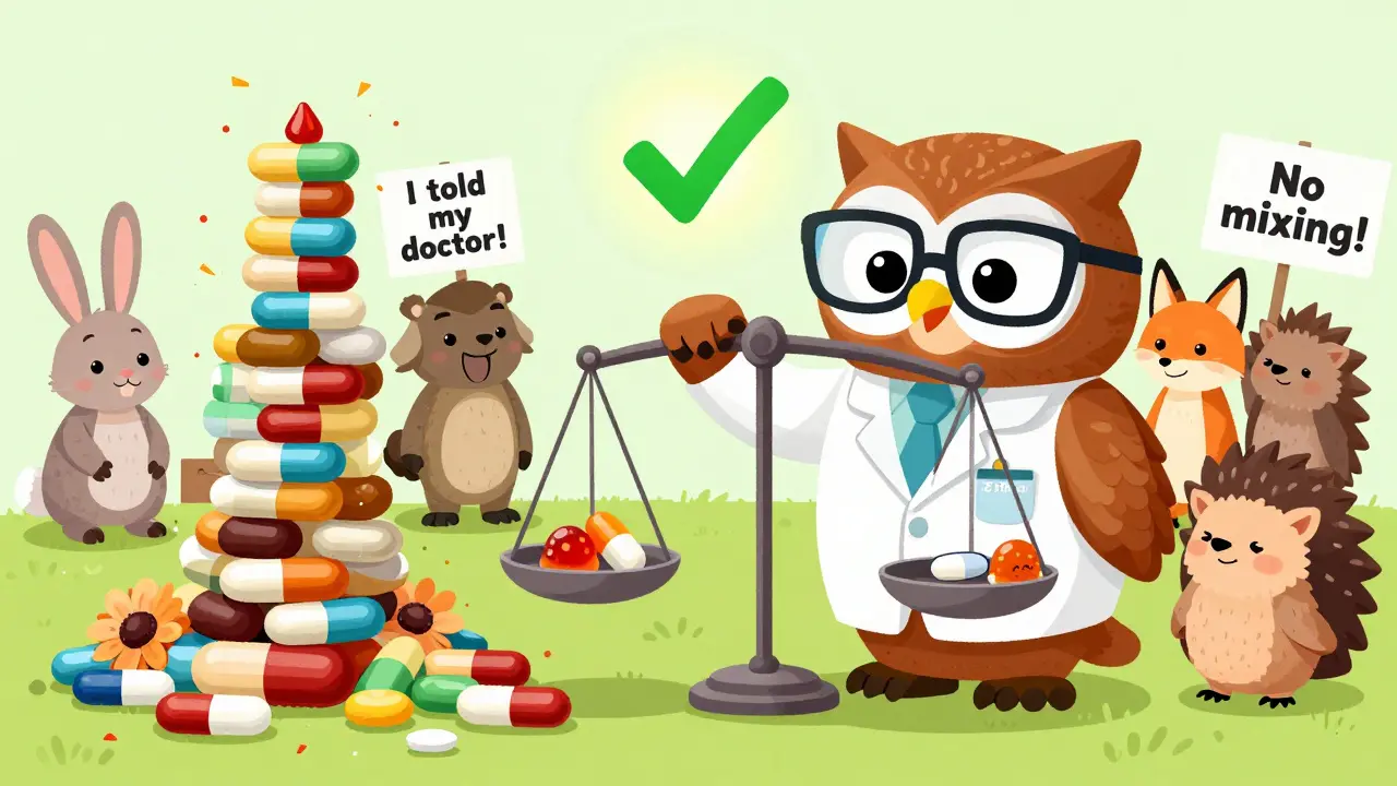 An owl doctor balances a safe low-dose THC gummy against a pill, while risky products topple.