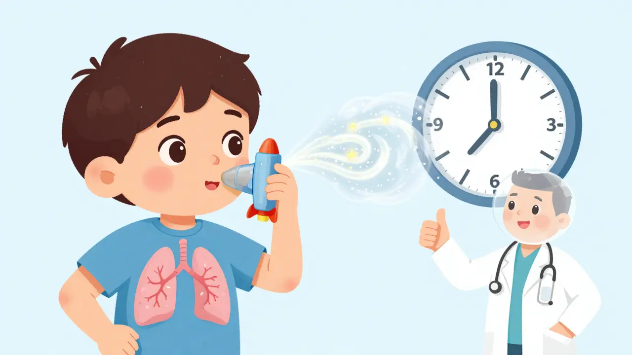 Boy using an inhaler with a rocket-shaped spacer, medicine flowing like a star trail into his lungs.