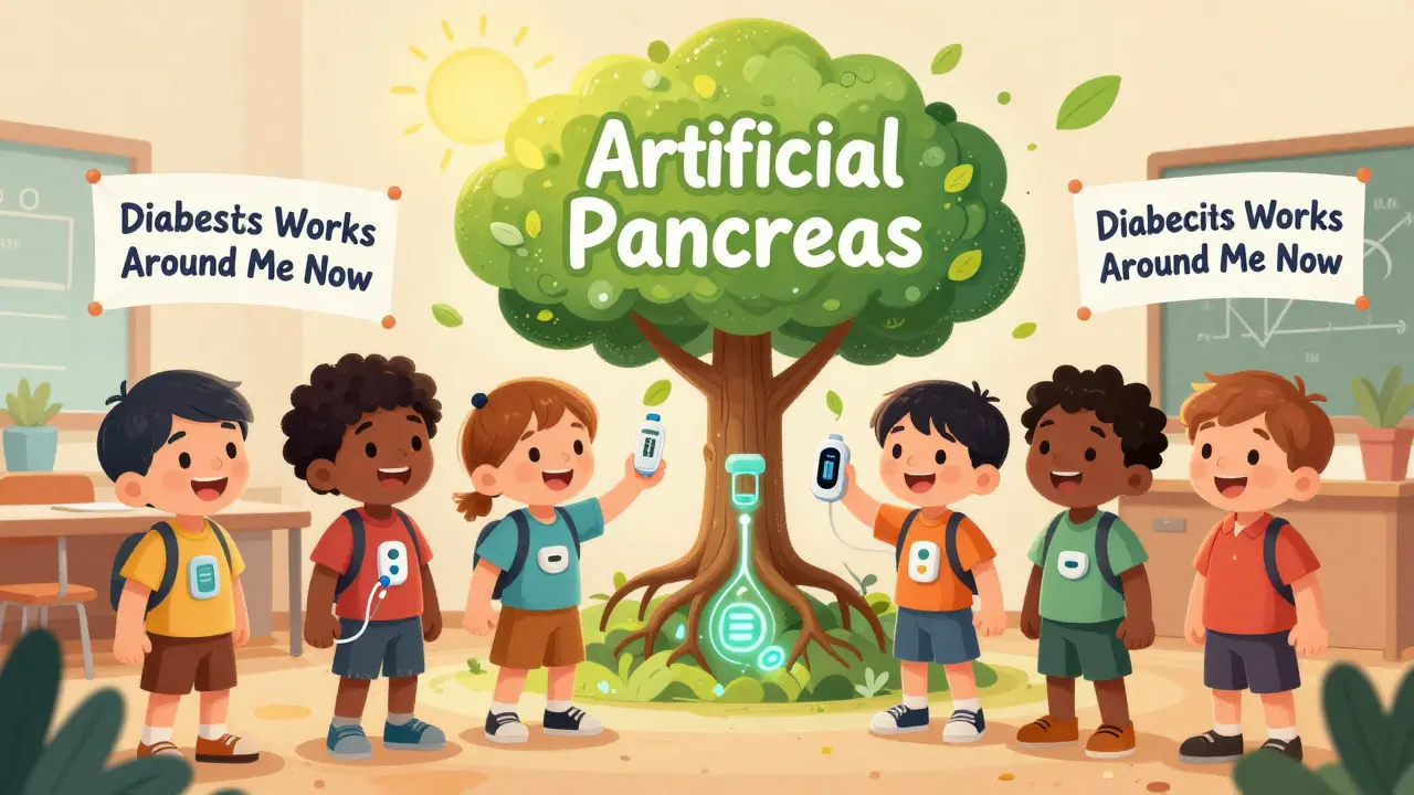 Diverse children stand beside a magical tree that turns glucose data into insulin leaves, symbolizing automated diabetes care.