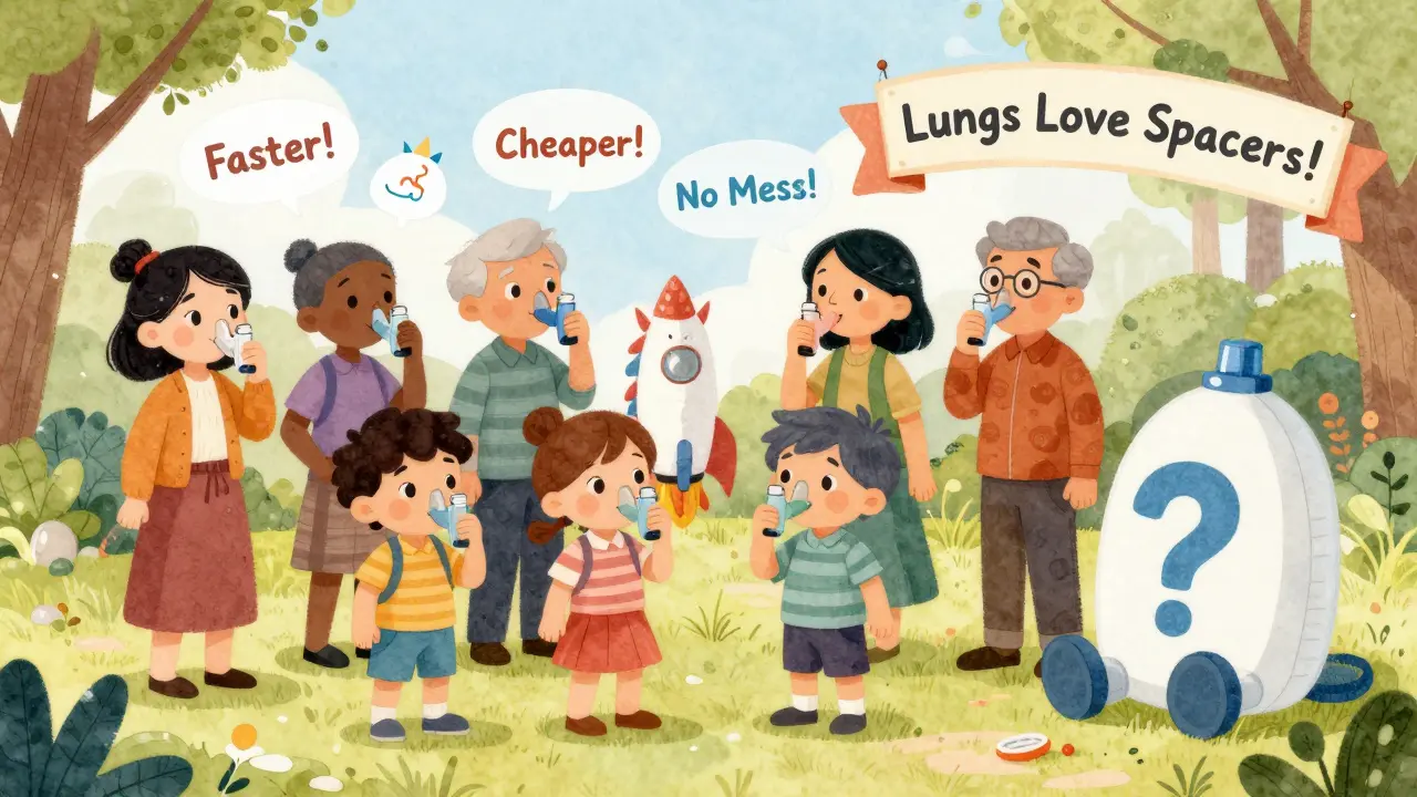 Diverse group of people using colorful spacers in a park, while a big nebulizer sits unused nearby.