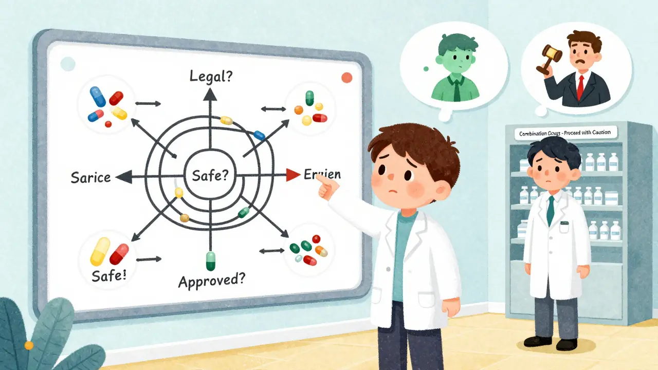 Doctor points at a confusing flowchart of combination pills while a pharmacist looks uncertain.