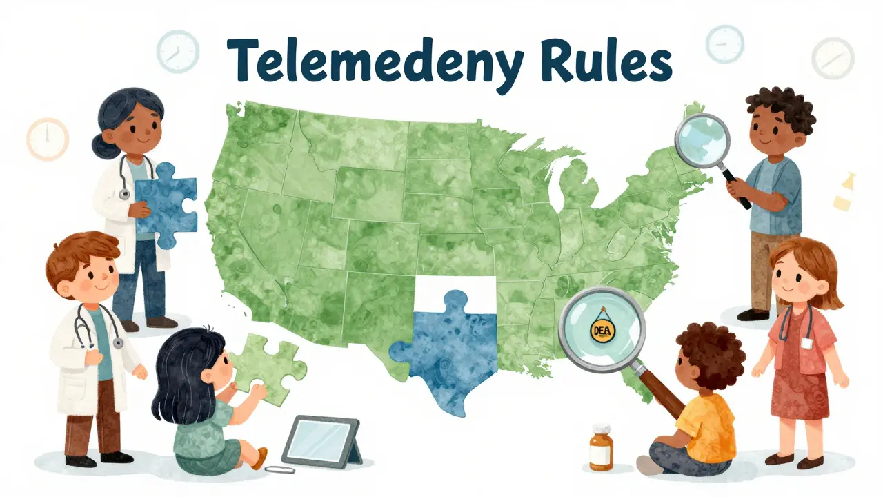 Doctors and patients fitting state-shaped puzzle pieces together under 'Telemedicine Rules' sign.