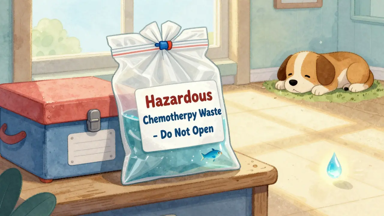 Double-bagged hazardous chemo waste sealed and labeled on a shelf near a sleeping dog.