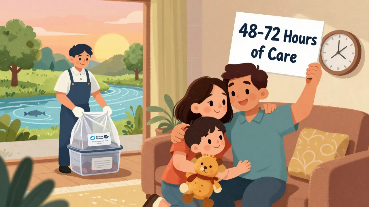 Family hugging with a clock showing 48-72 hours, janitor collecting labeled waste outside.