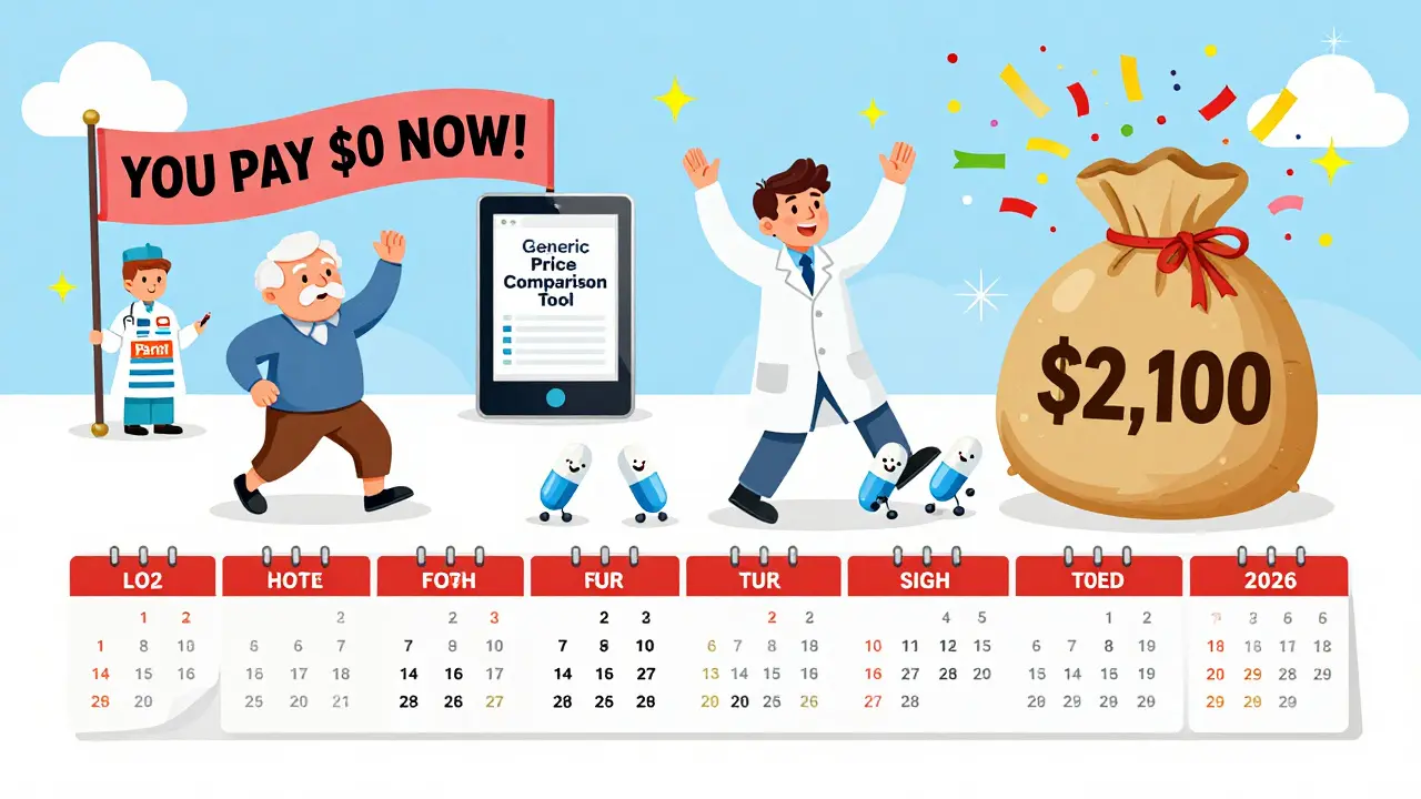 Generic pills march toward a ,100 money bag that bursts into confetti as a retiree celebrates under a 'You Pay <h2>What’s Coming Next</h2> Now!' banner.