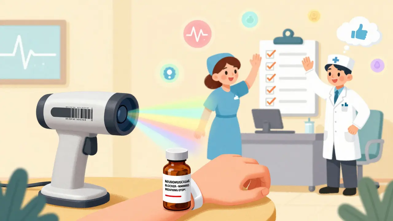 Nurse and pharmacist high-five as a barcode scanner lights up a warning vial with floating safety icons.