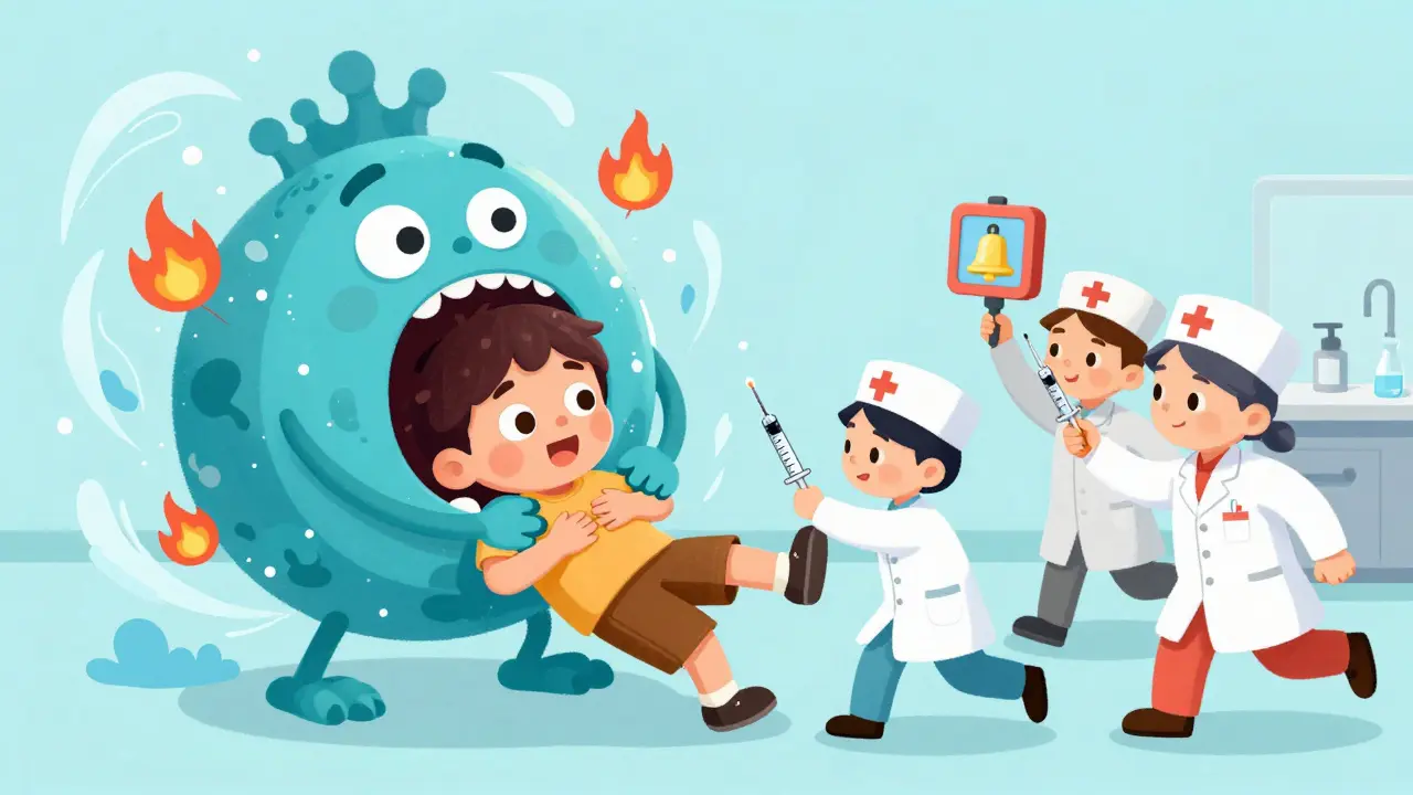 Nurses rush to help a patient during a biologic reaction, using magic wand syringes and raising legs as a cytokine monster appears.