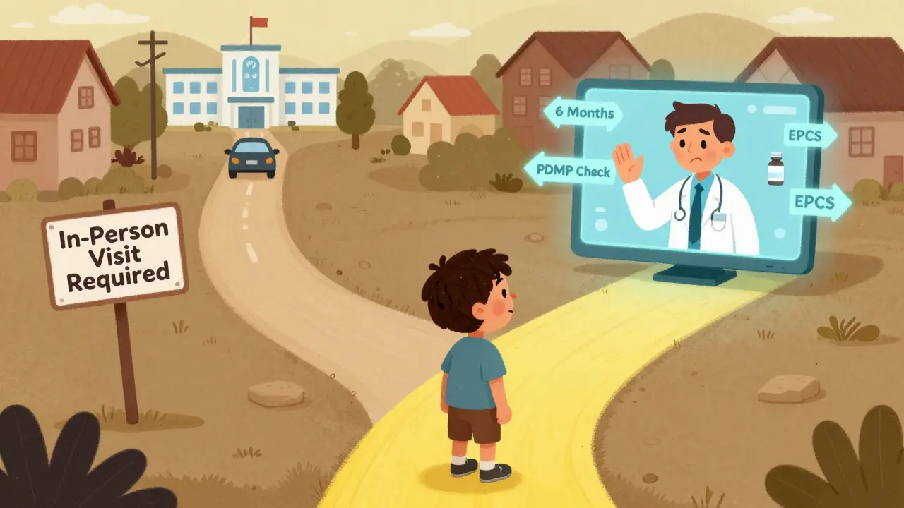 Patient at crossroads: one path to distant hospital, another to telemedicine screen with buprenorphine bottle.
