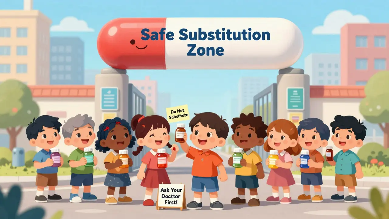 Patients stand before a gate labeled 'Safe Substitution Zone' with a child holding a 'Do Not Substitute' note.