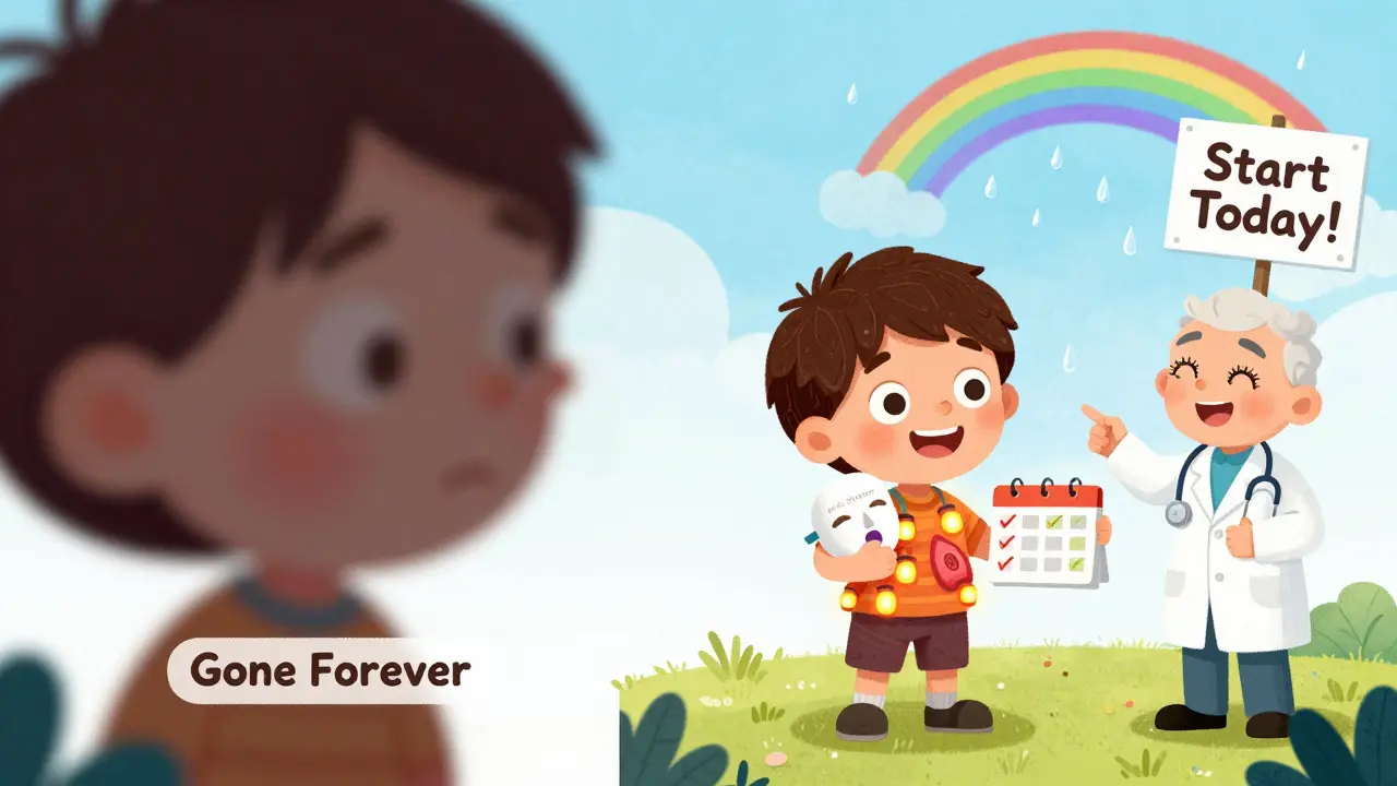 Split image: one side shows fading eye glands, the other shows healthy glowing glands with a daily care calendar.