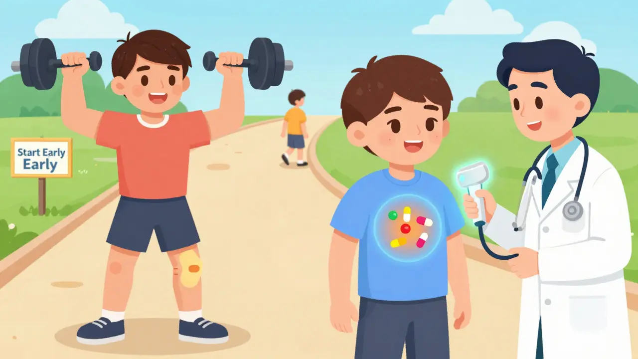 Split scene: person strengthening knee for osteoarthritis vs. person receiving ultrasound and medicine for rheumatoid arthritis.