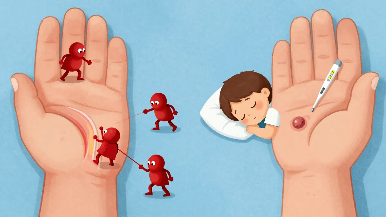 Symmetrical swollen hands with tiny immune knights attacking joint lining, fever thermometer, and skin nodule visible.