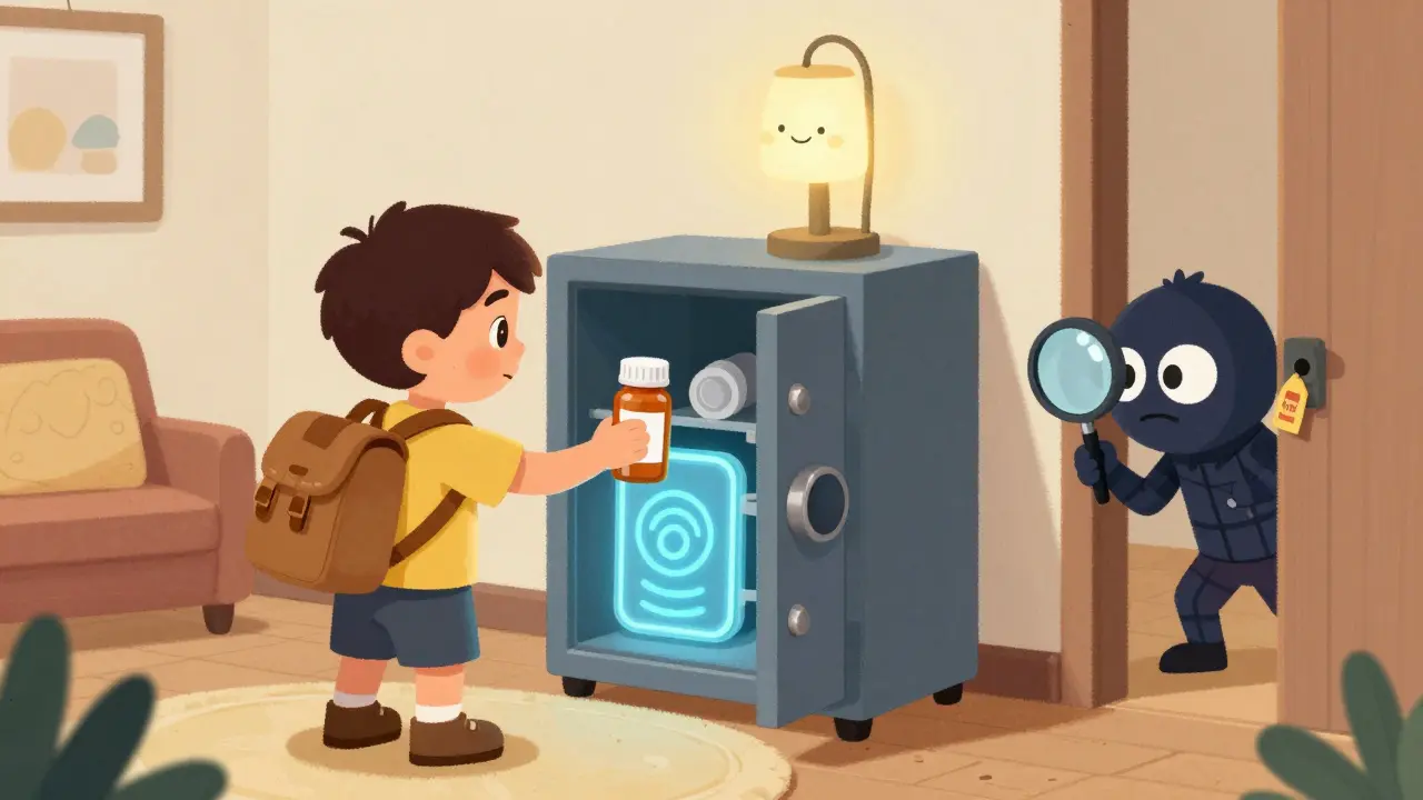 Traveler puts meds in hotel safe while confused thief peeks through keyhole, RFID case glowing nearby.