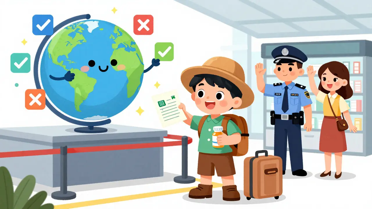 Traveler shows doctor's letter at airport as globe guides countries with checkmarks and Xs.