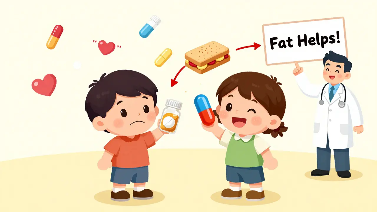 Two children compare medicine bottles—one plain, one with a smile—next to a peanut butter sandwich.