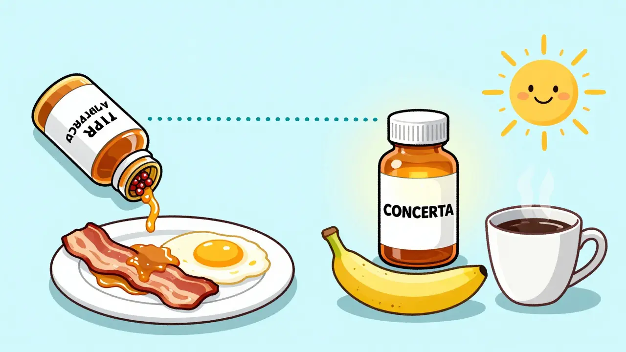 Two medicine bottles show one affected by breakfast, the other working steadily with a banana.