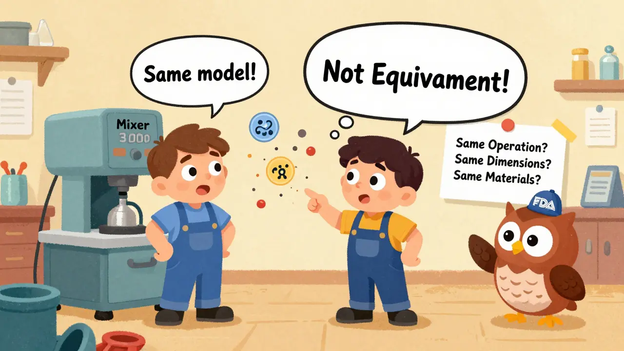 Two workers argue over a machine while an FDA owl checks a checklist, with particle size changes shown in a thought bubble.