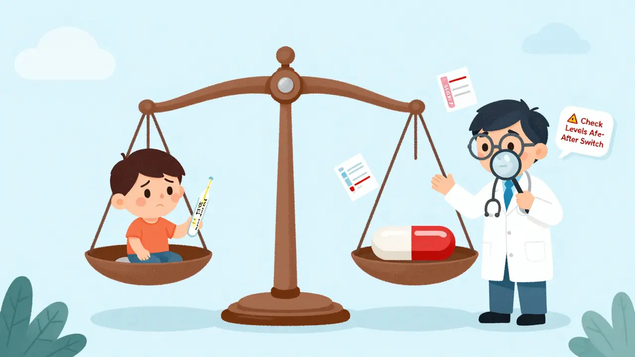 A balanced scale holds two thyroid pills, with a doctor explaining blood test results to a patient in a calm, illustrated scene.