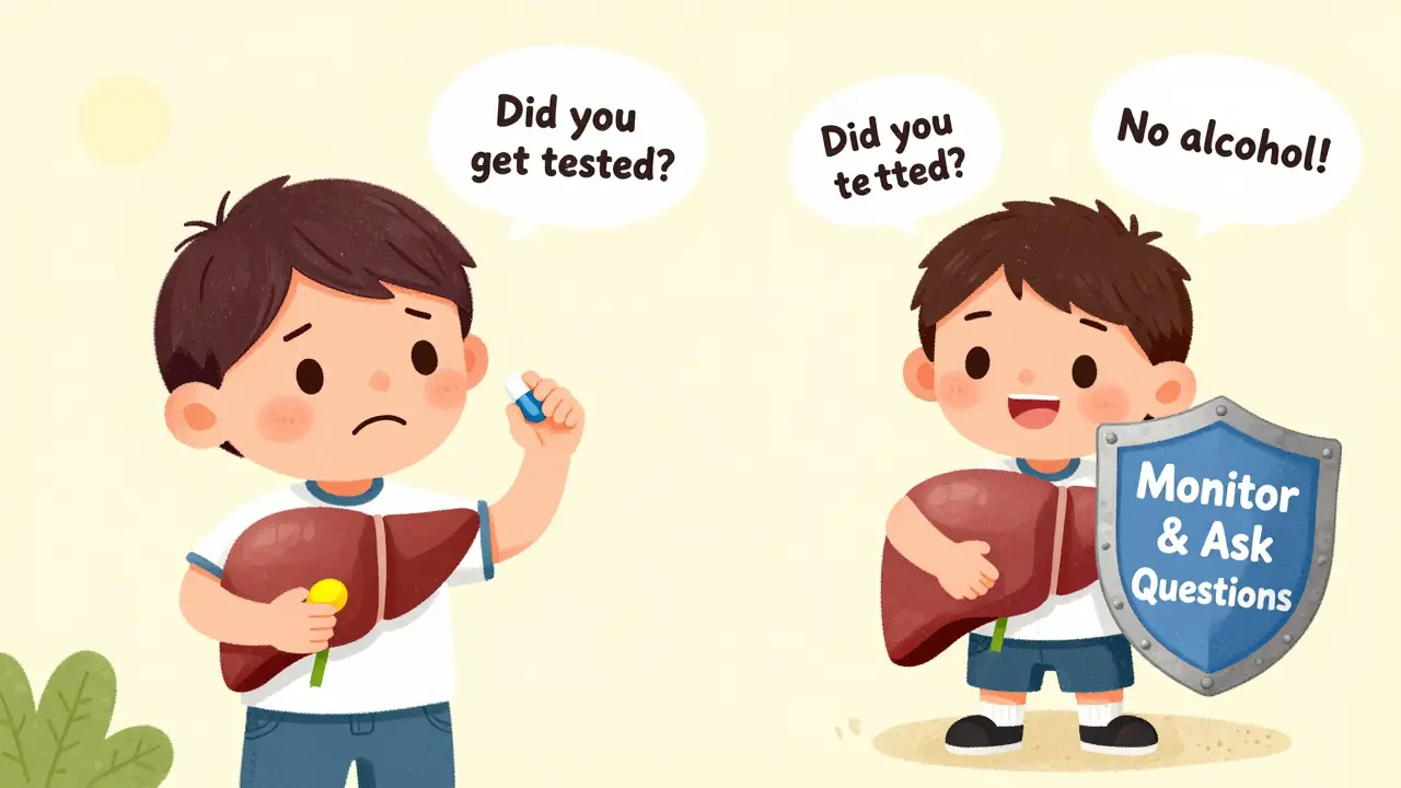 A child with a yellow liver on one side and a healthy liver on the other, protected by a shield labeled 'Monitor &amp; Ask Questions'.