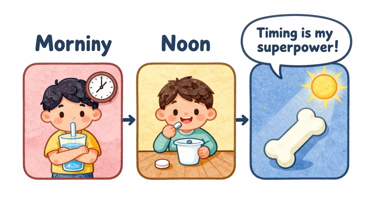 A daily routine chart shows a person taking bisphosphonate in the morning and calcium with meals, with a bone saying 'Timing is my superpower!'