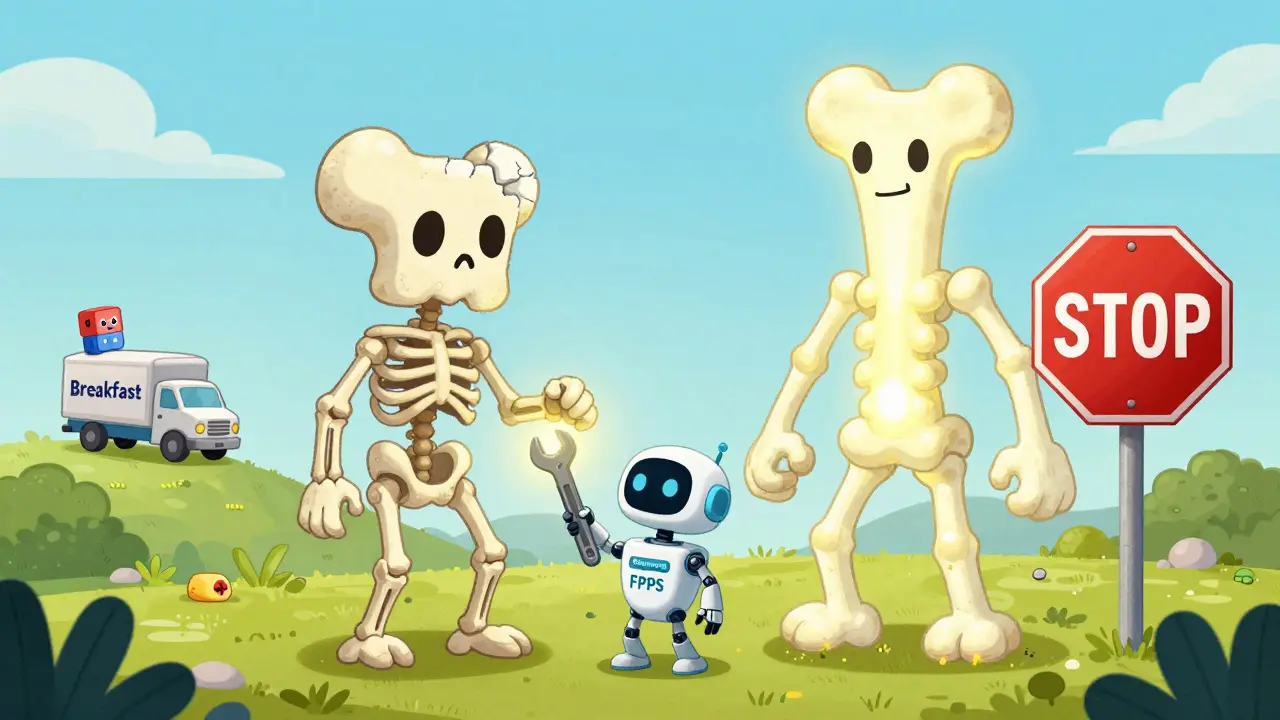 A friendly robot blocks a valve in a crumbling bone, while a calcium brick is stopped by a red sign on a bone landscape.