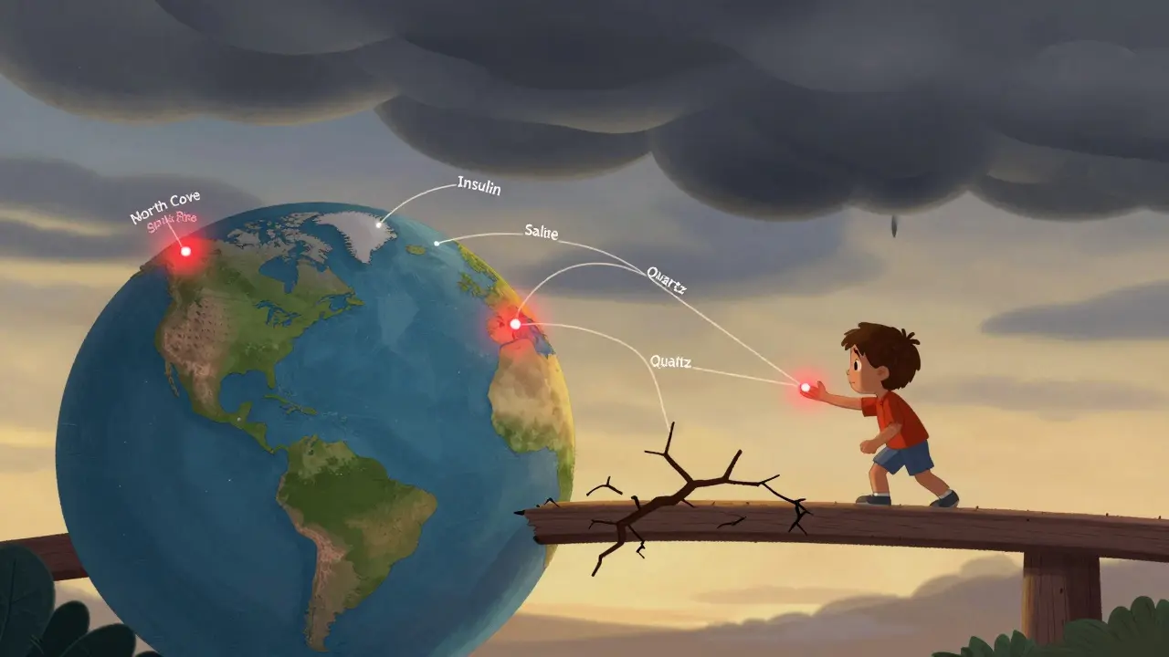 A globe shows three U.S. locations critical to medicine supply, connected by fragile threads under a storm cloud.