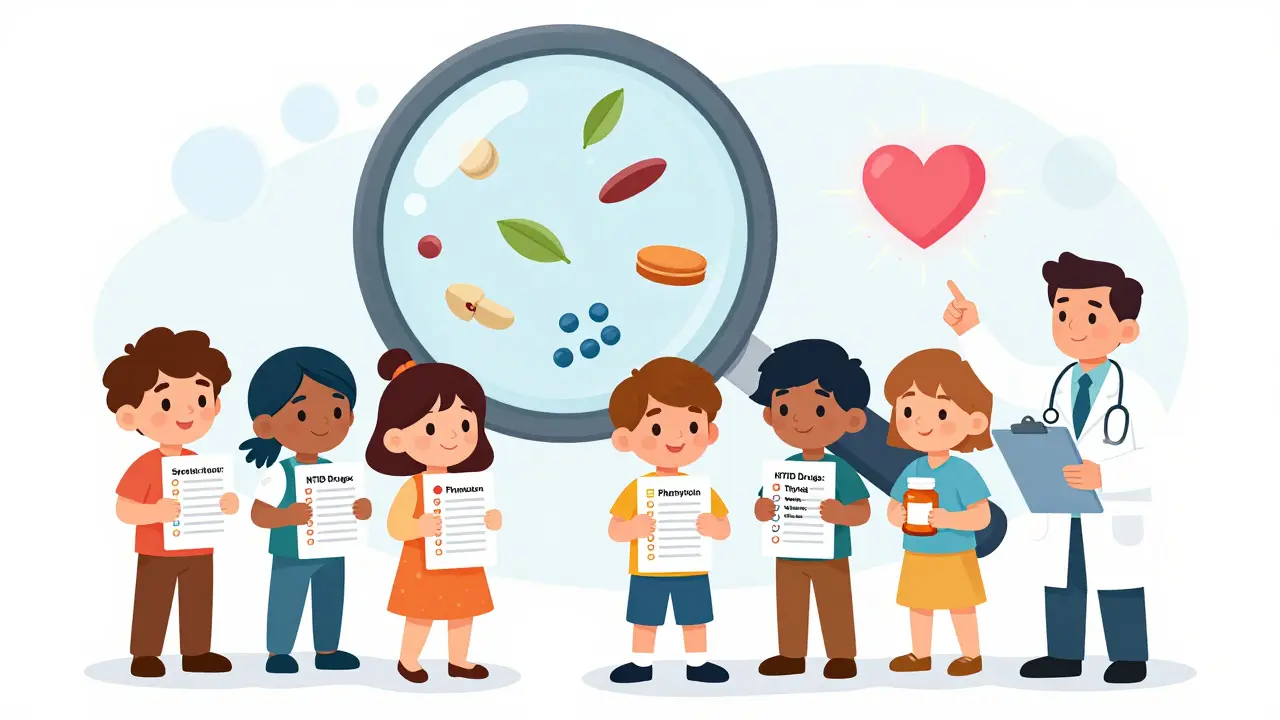 A group of people hold pill bottles and logs while a magnifying glass reveals hidden drug ingredients, with a doctor checking a list of high-risk medications.