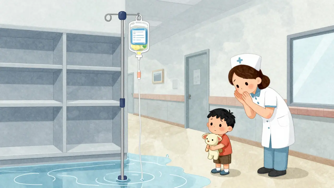 A hospital hallway with empty shelves and a flooded floor, a nurse comforts a child holding a stuffed animal.