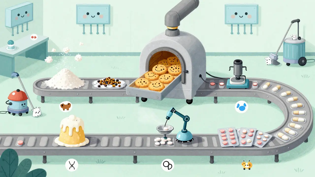 A magical conveyor belt shows seven steps of pill manufacturing, each with friendly robots and smiling ingredients in a soft pastel cartoon style.
