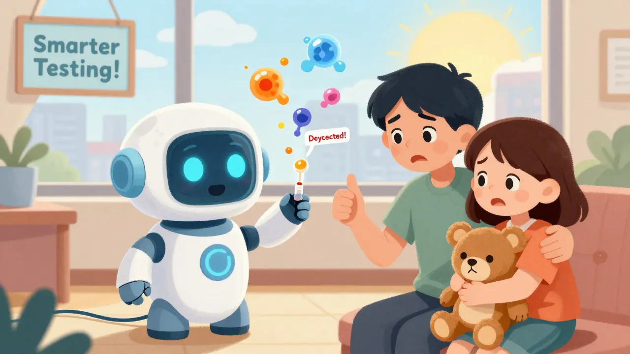 A robot-like device scans a urine sample, showing animated drug molecules with positive feedback.