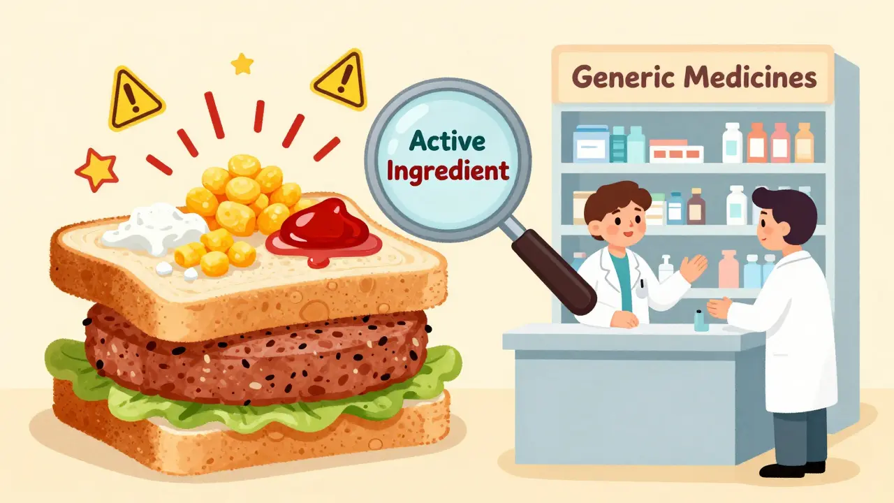 A sandwich with active ingredient as meat and excipients as colorful toppings, shown with warning signs, beside a pharmacist and patient.
