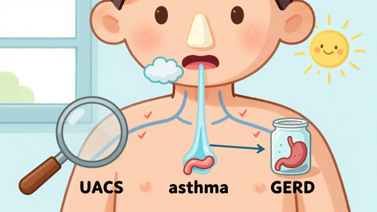 A simplified human torso shows three pathways causing chronic cough: mucus drip, narrowed airways, and stomach acid rising, with magnifying glasses checking each.