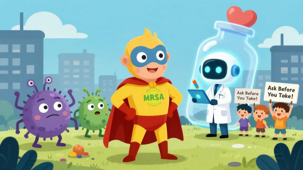 A superhero gut defends against superbugs with help from an AI robot, while children advocate for smart antibiotic use.