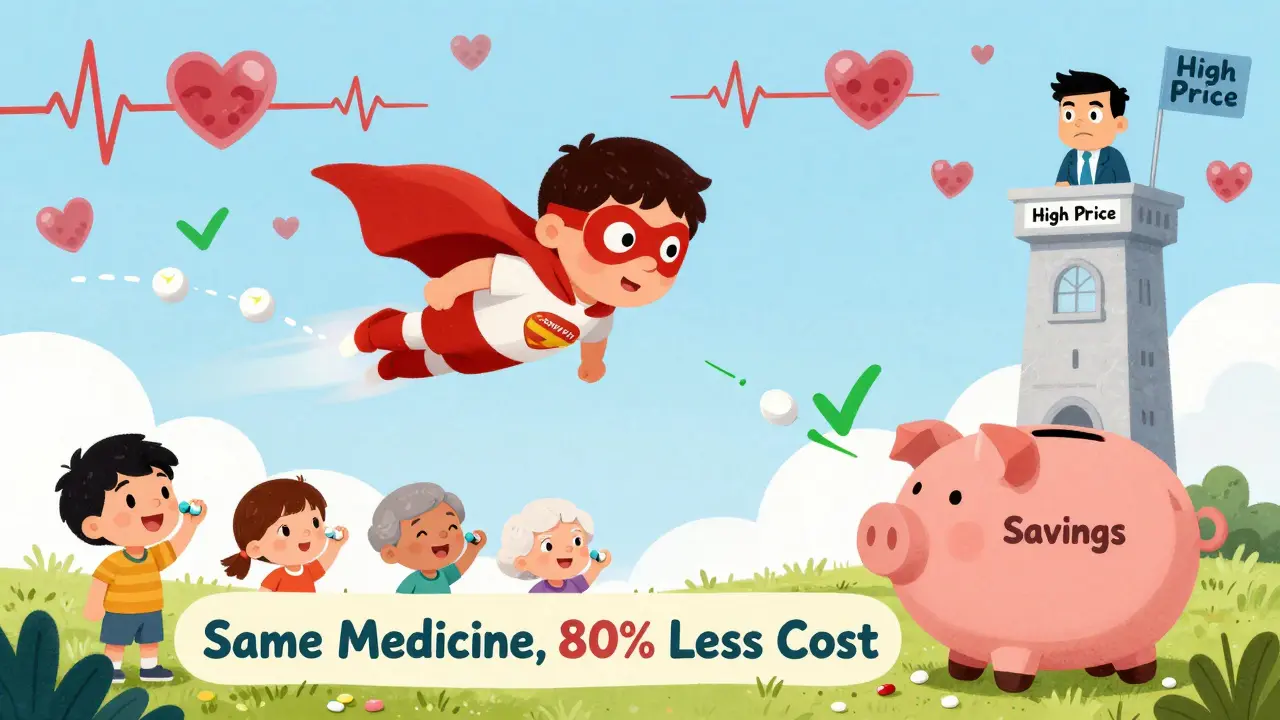 A superhero pill called 'Generic Guy' flies through the air leaving checkmarks, while people take pills from a savings piggy bank.