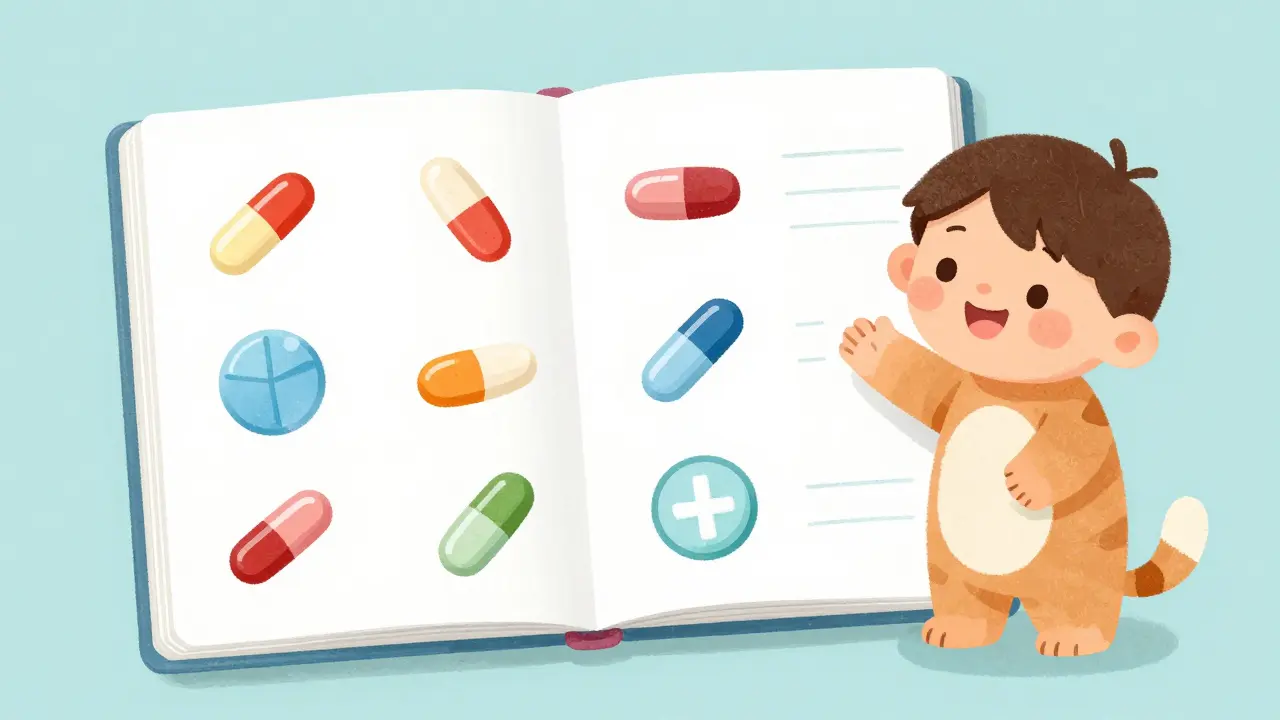 Child drawing medication symbols in notebook with animal