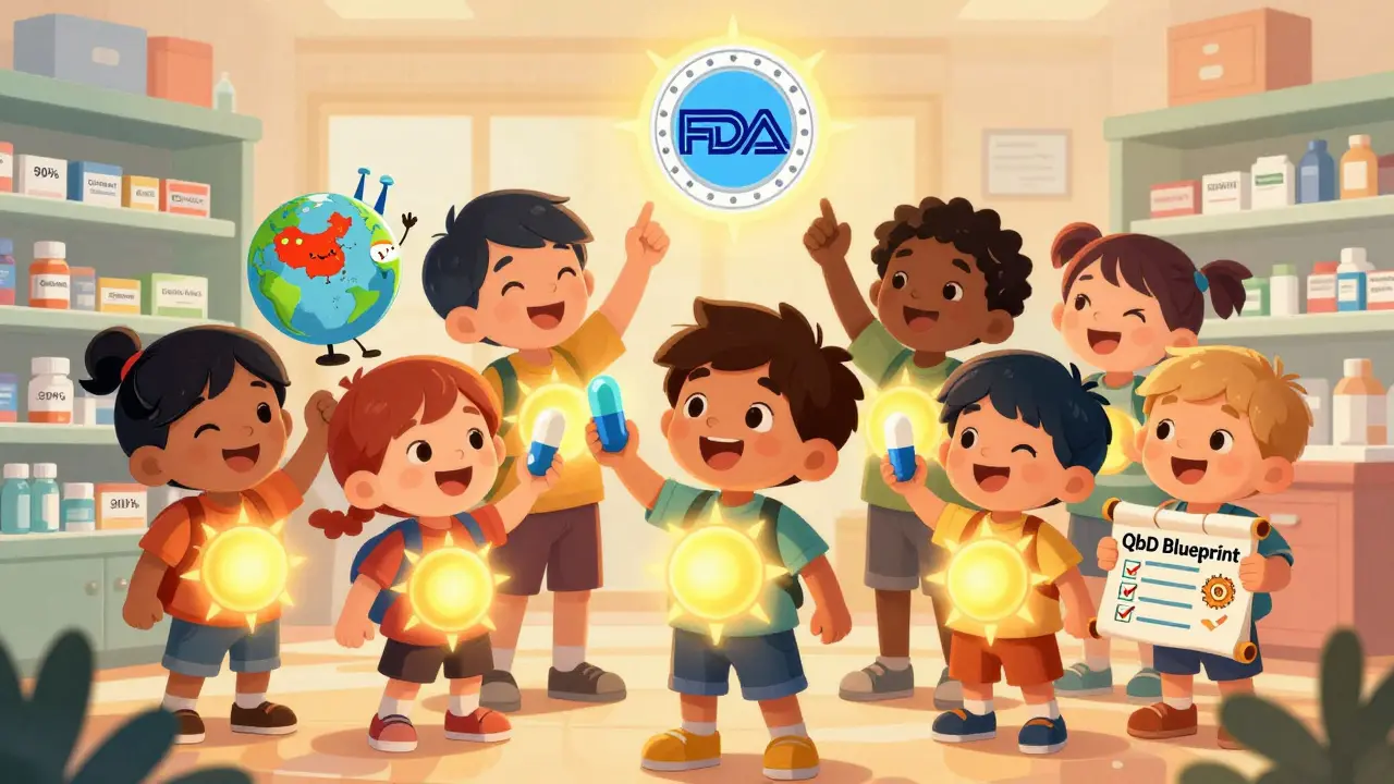Children hold generic and brand pills that glow the same inside their bodies, with factories from China and India waving, in a warm, reassuring children's illustration.