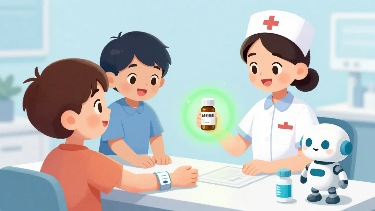 Nurse scanning wristband and medication with barcode scanner