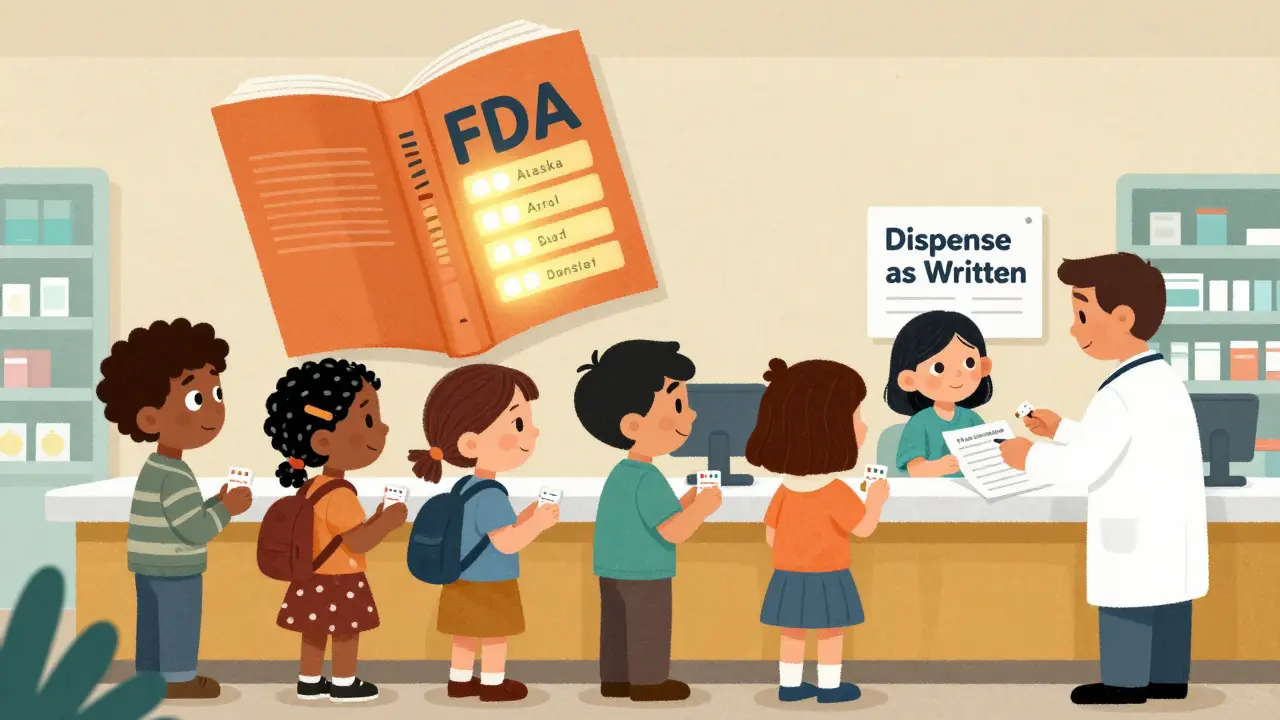 Patients at a pharmacy counter with different signs and forms about generic substitution rules.