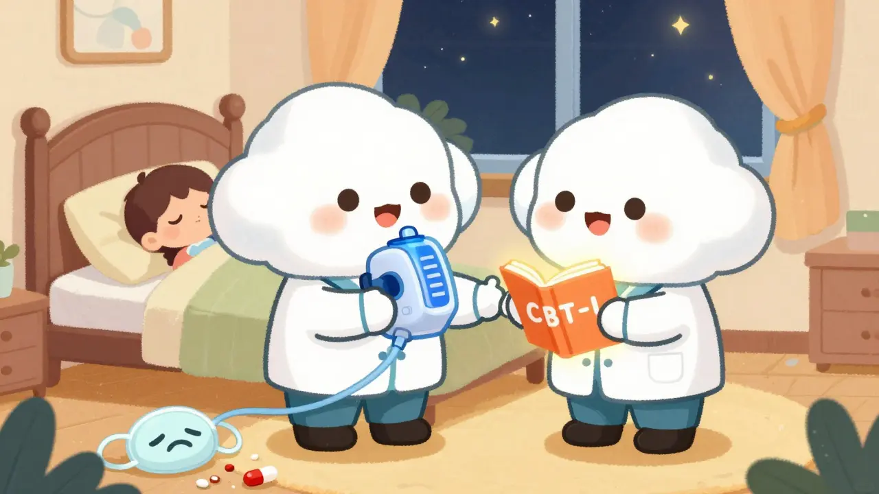 Two doctor characters help a sleeping child with a CPAP cloud and CBT-I book, while old pills are discarded.