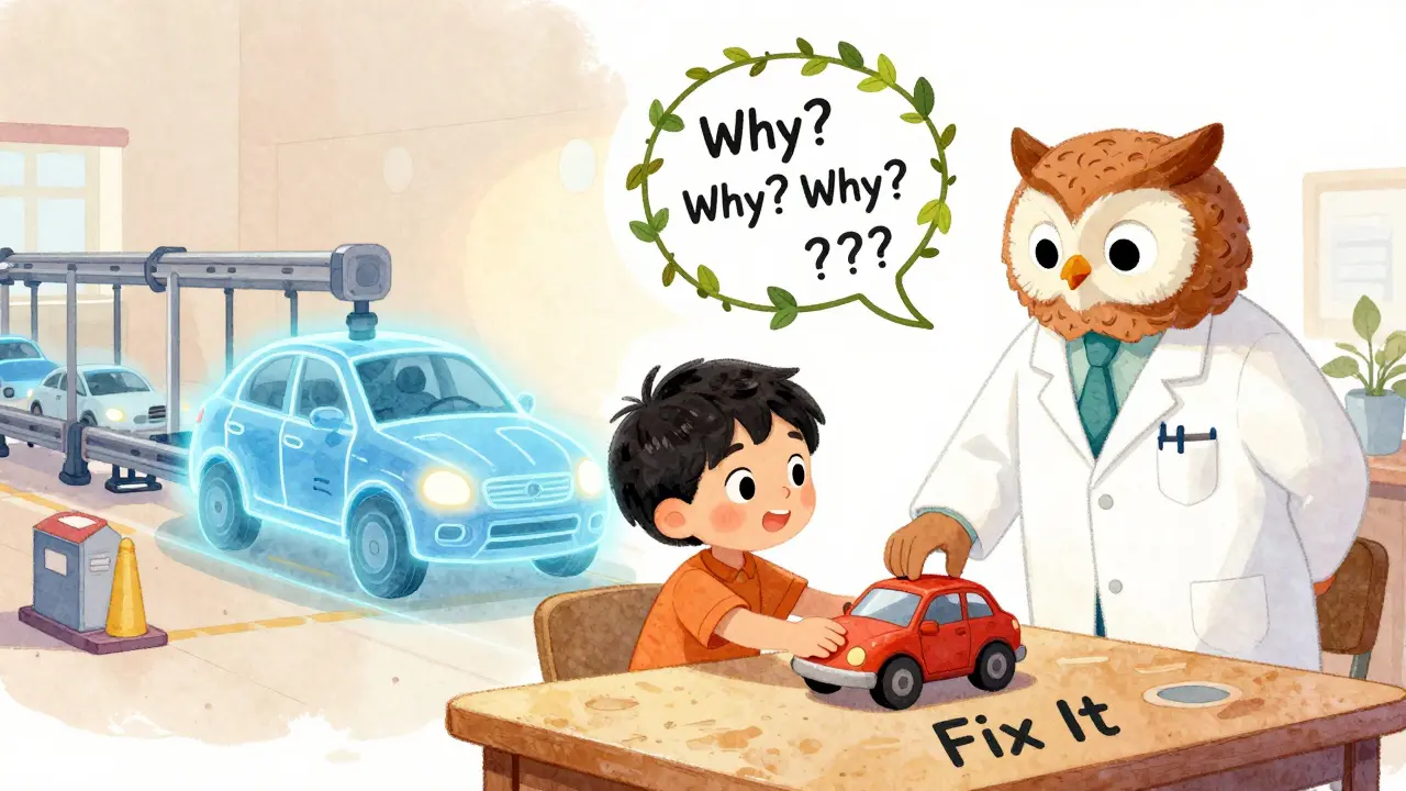 A child and a wise owl examine a fishbone diagram to solve a defect, while a digital twin glows in the background.