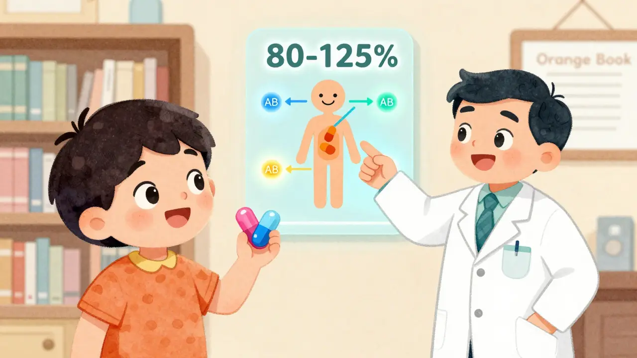 A child and pharmacist examining two pills with a chart showing 80-125% absorption, beside the Orange Book.