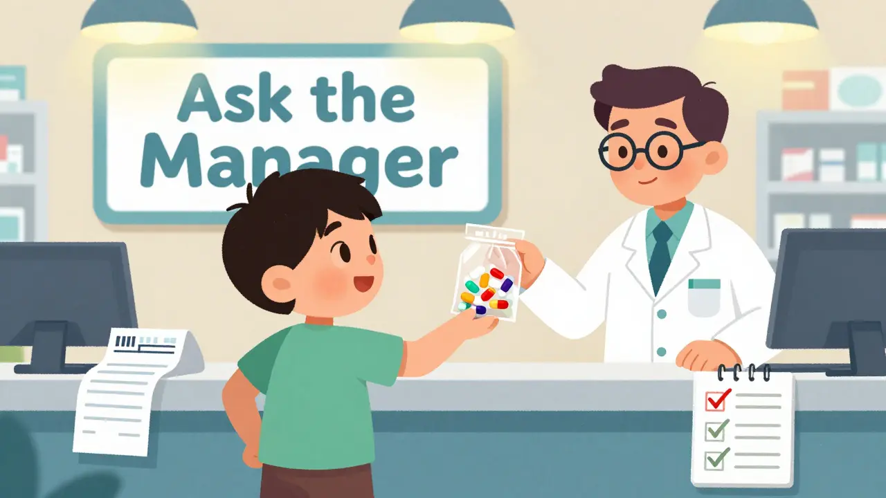 A child hands suspicious pills to a pharmacist at a pharmacy counter, with receipt and prescription visible.
