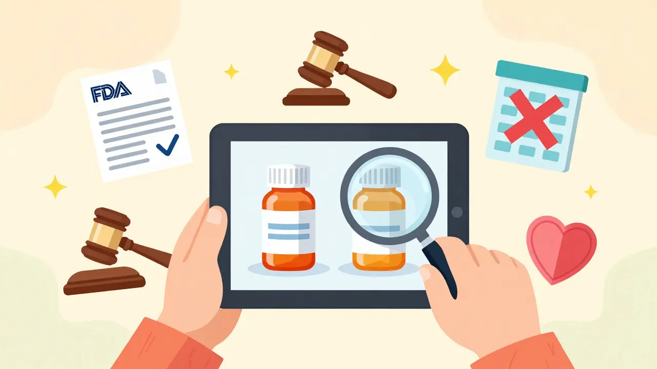 A child uses a magnifying glass to compare two pill bottles, surrounded by icons of safety and justice.