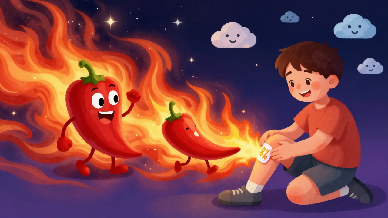 A friendly chili pepper applying a capsaicin patch to a knee, with burning energy transforming into peaceful stars.