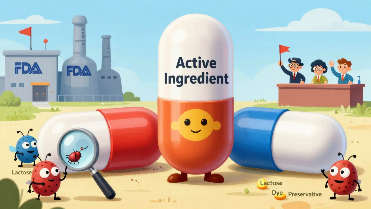 A superhero active ingredient between two capsules, with harmless excipient bugs being checked by FDA inspectors.