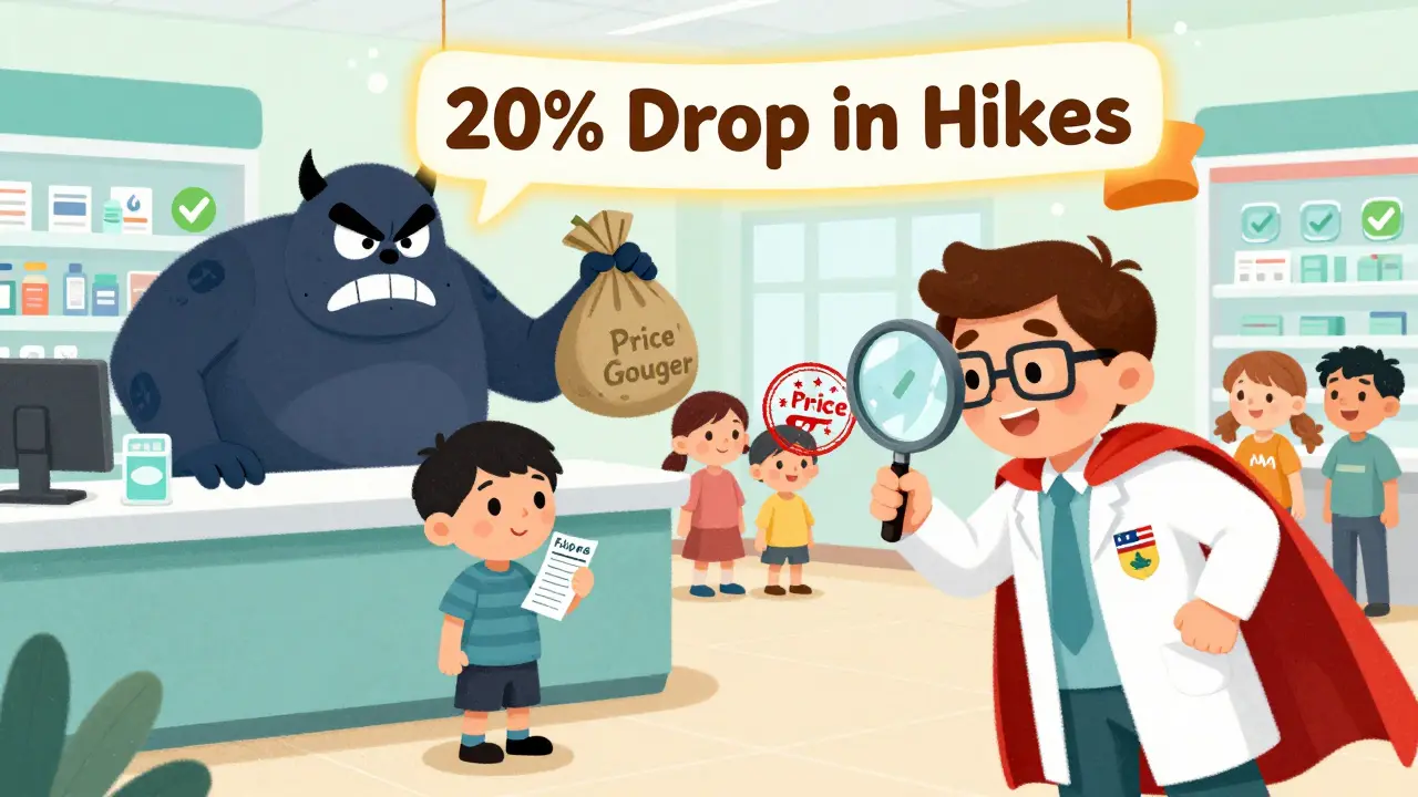 A superhero pharmacist stops a price gouger with a 'Fair Price' stamp, while families smile in the background.