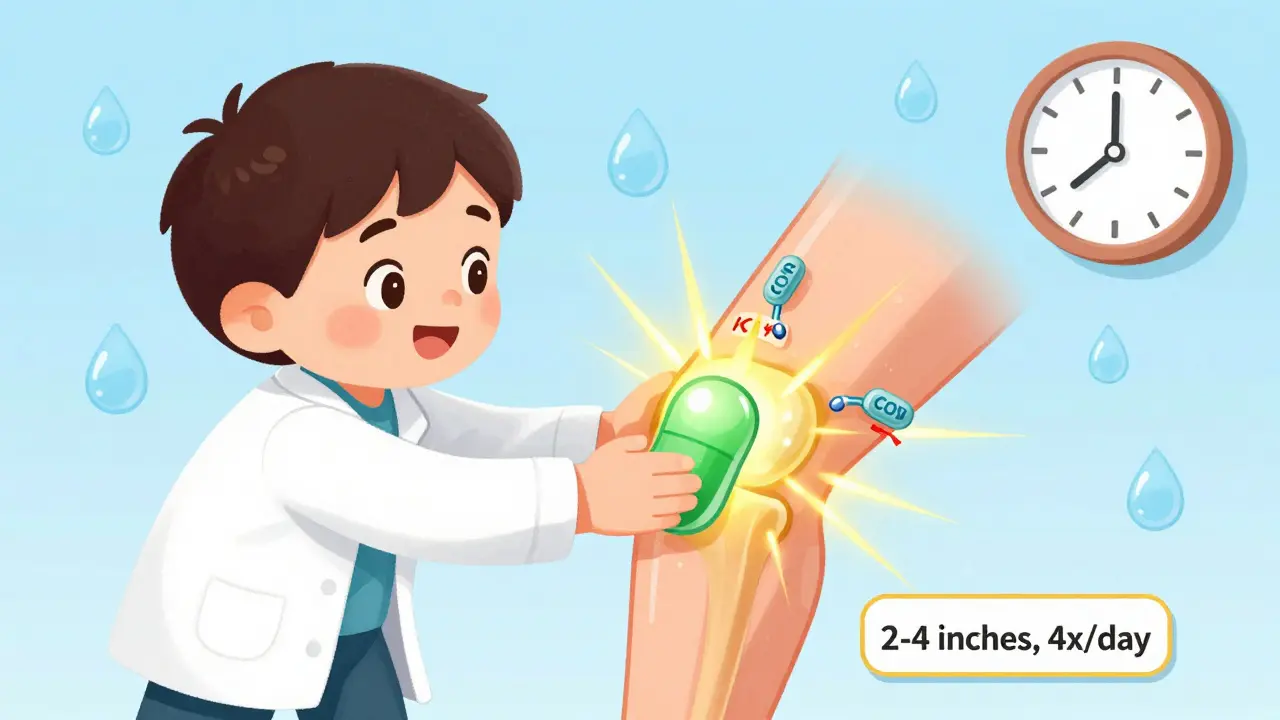 A tiny scientist massaging green NSAID gel into a cartoon knee, with glowing enzymes turning off like light switches.